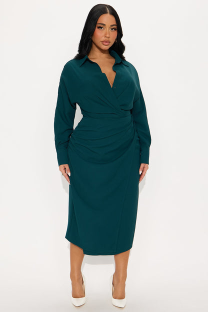 Giada Wrap Shirt Midi Dress - Hunter