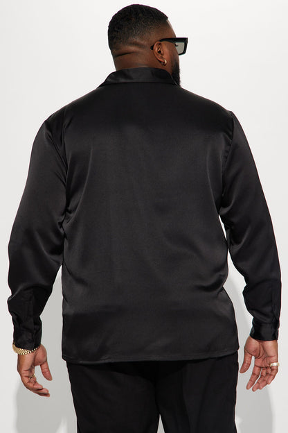 Links Satin Long Sleeve Button Up Shirt - Black