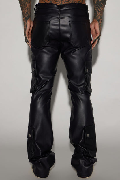 Name Of Love Faux Leather Stacked Slim Flare Pants - Black