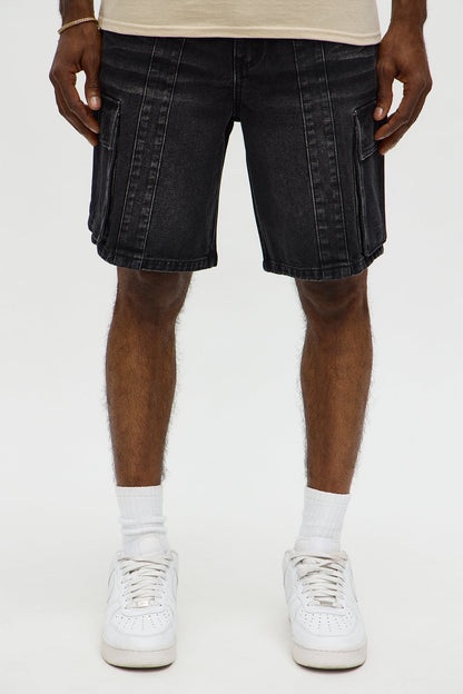 Relaxed Catch Me Camping Paneled Denim Cargo Short - Black Wash