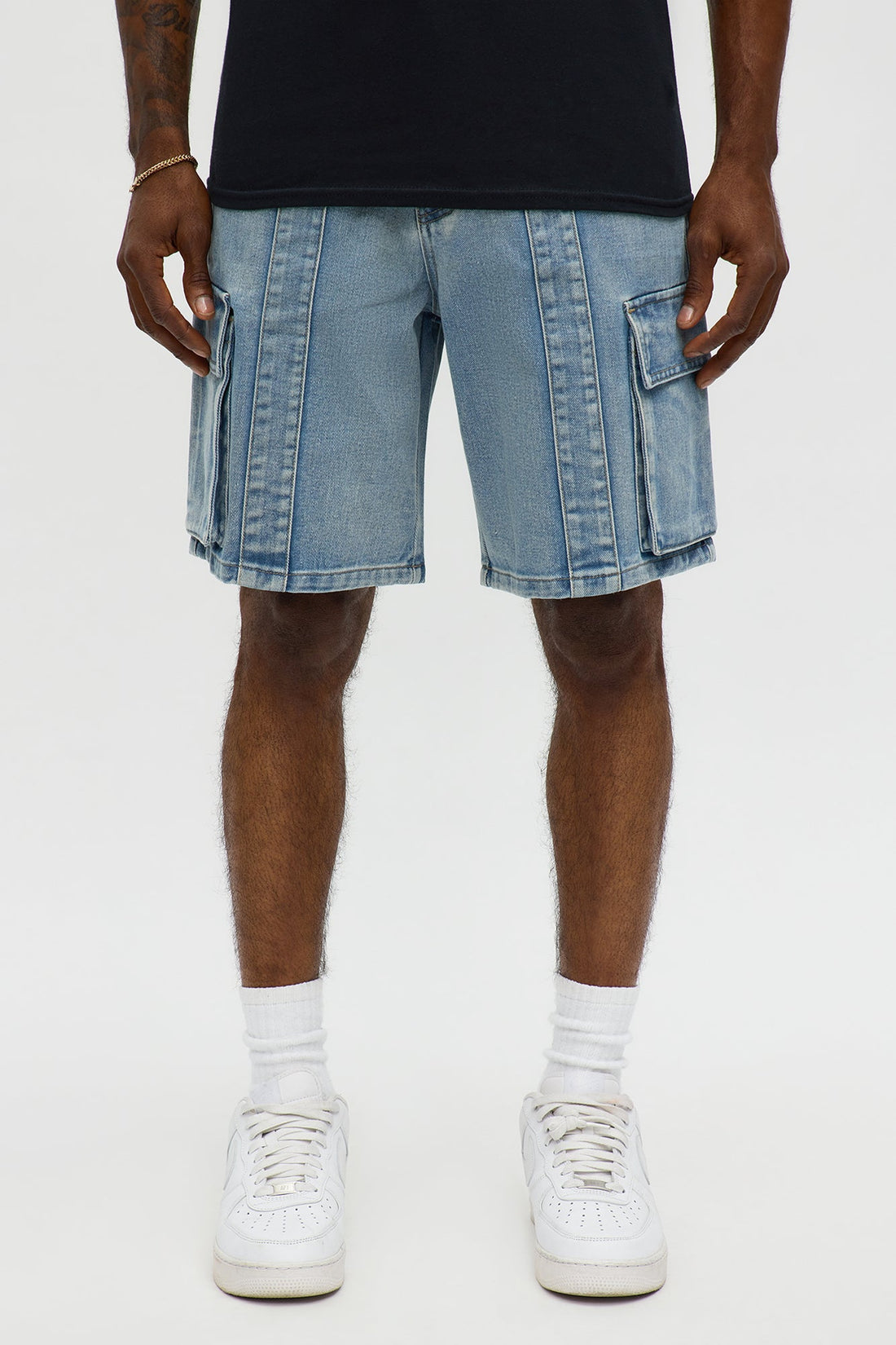 Relaxed Catch Me Camping Paneled Denim Cargo Short - Light Blue Wash