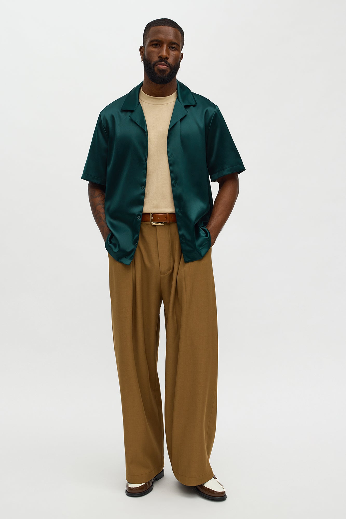 Links Satin Short Sleeve Button Up Shirt - Hunter Green