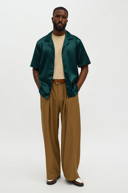 Links Satin Short Sleeve Button Up Shirt - Hunter Green