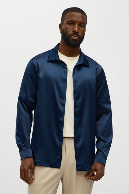 Links Satin Long Sleeve Button Up Shirt - Midnight Blue