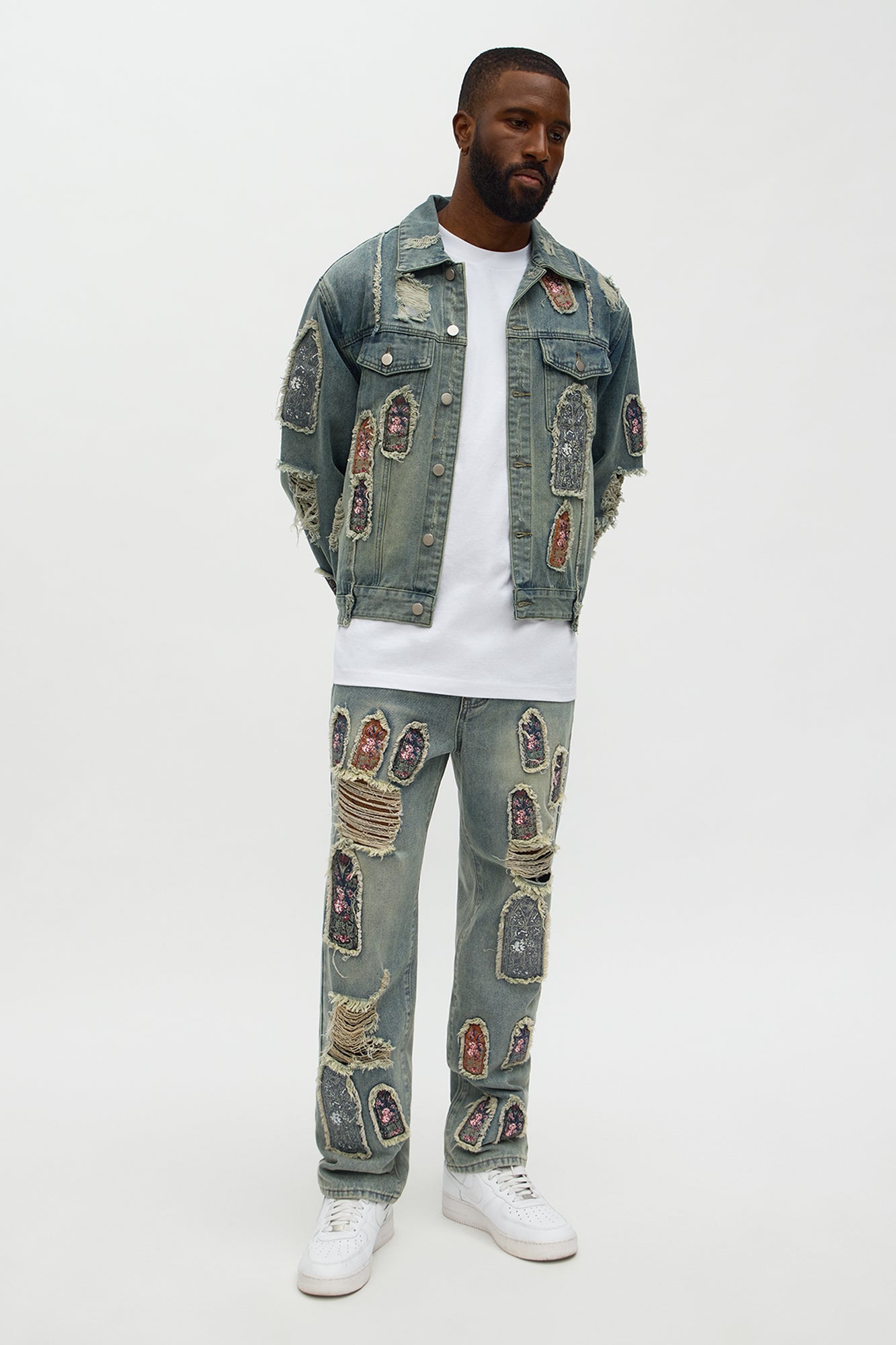 Holy Windows Patched Distressed Denim Trucker Jacket - Vintage Blue Wash