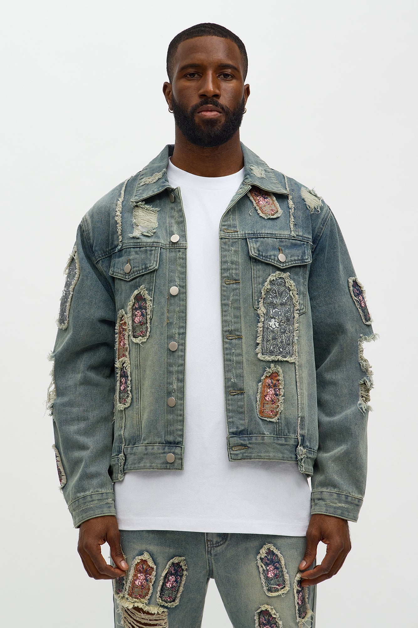 Holy Windows Patched Distressed Denim Trucker Jacket - Vintage Blue Wash