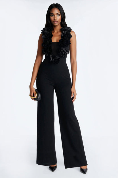 Katya 3D Flower Wide Leg Jumpsuit - Black