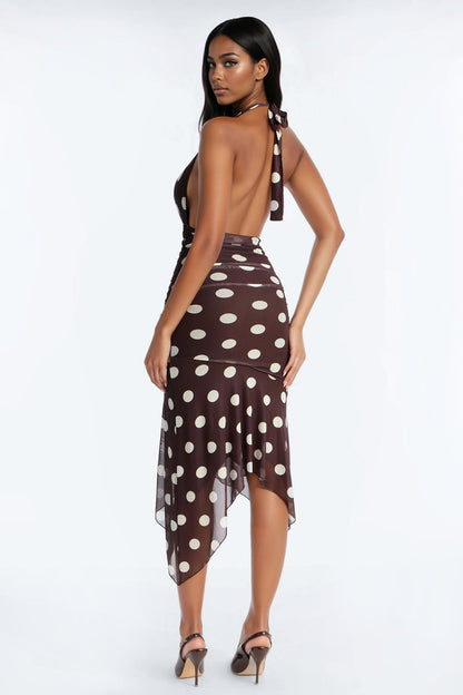 Adeline Polka Dot Mesh Midi Dress - Brown/combo