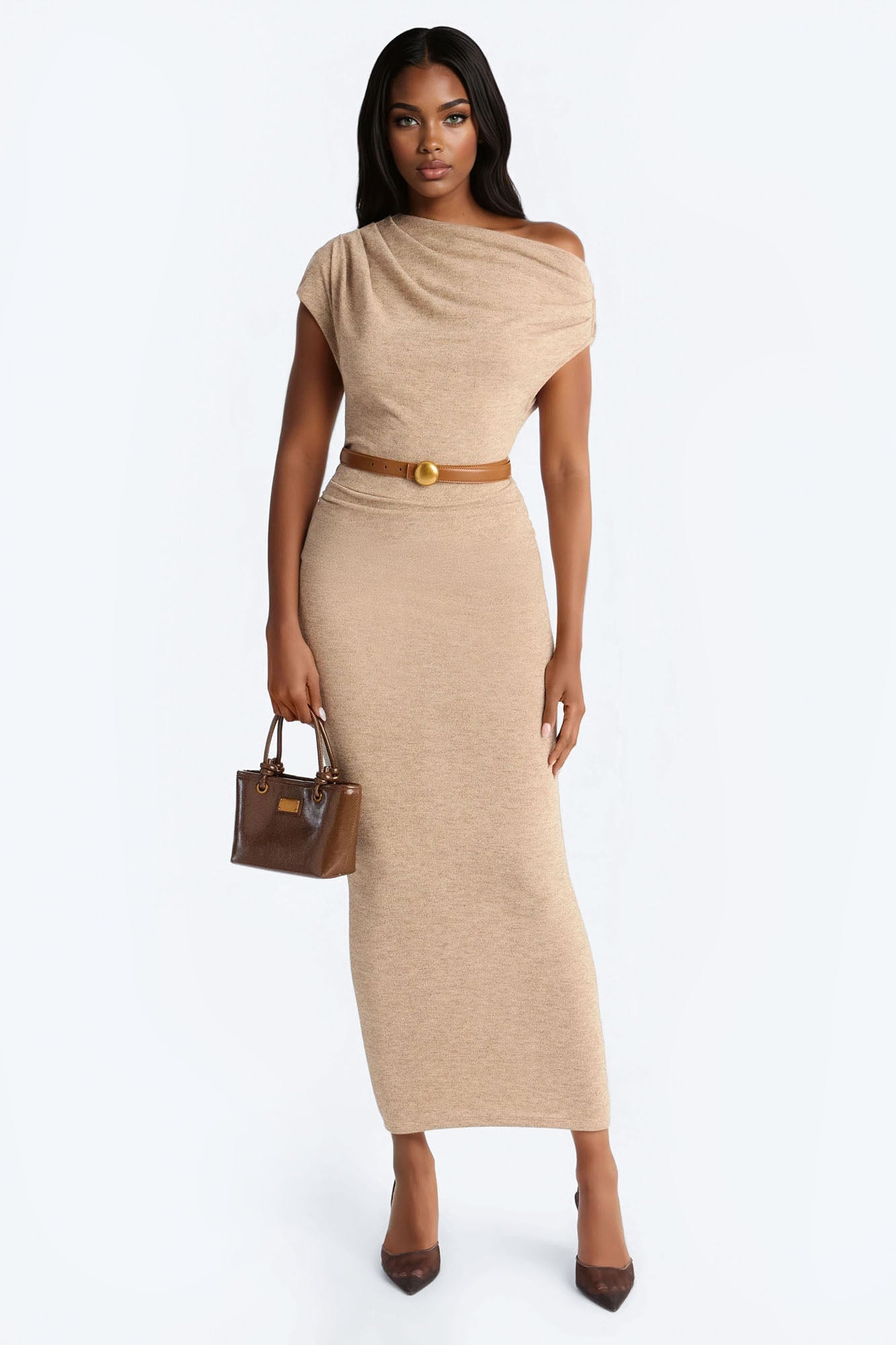 Alana One Shoulder Sweater Maxi Dress - Taupe