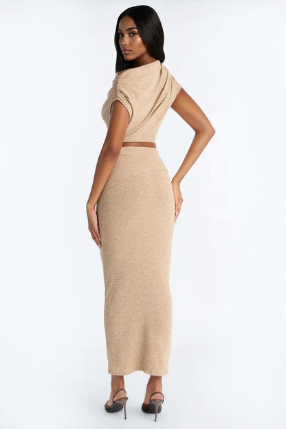 Alana One Shoulder Sweater Maxi Dress - Taupe