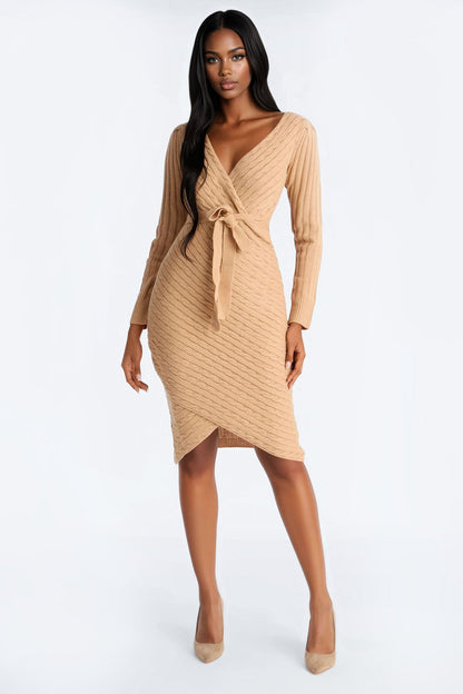 Whitley Tie Front Sweater Midi Dress - Taupe
