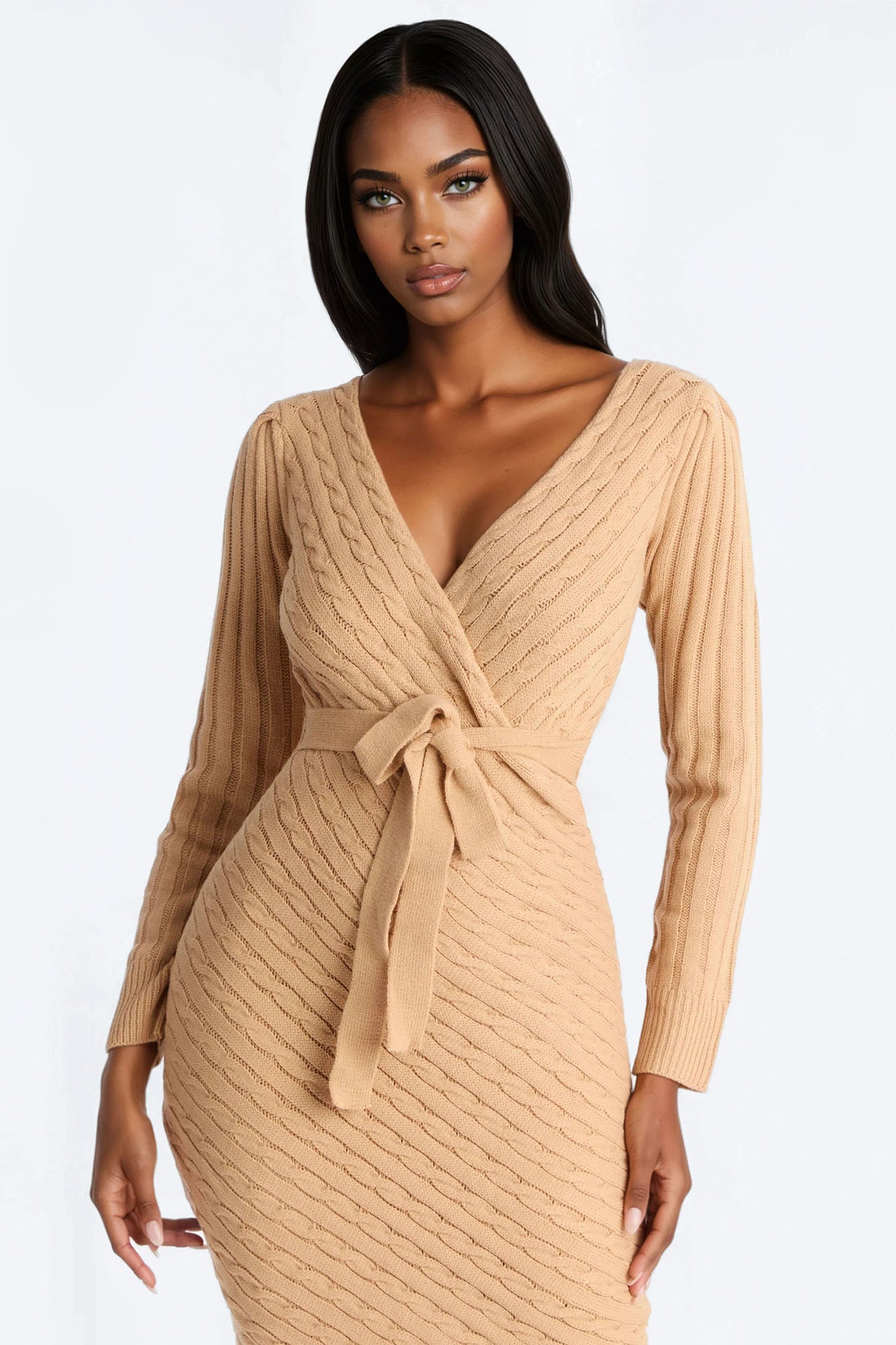 Whitley Tie Front Sweater Midi Dress - Taupe