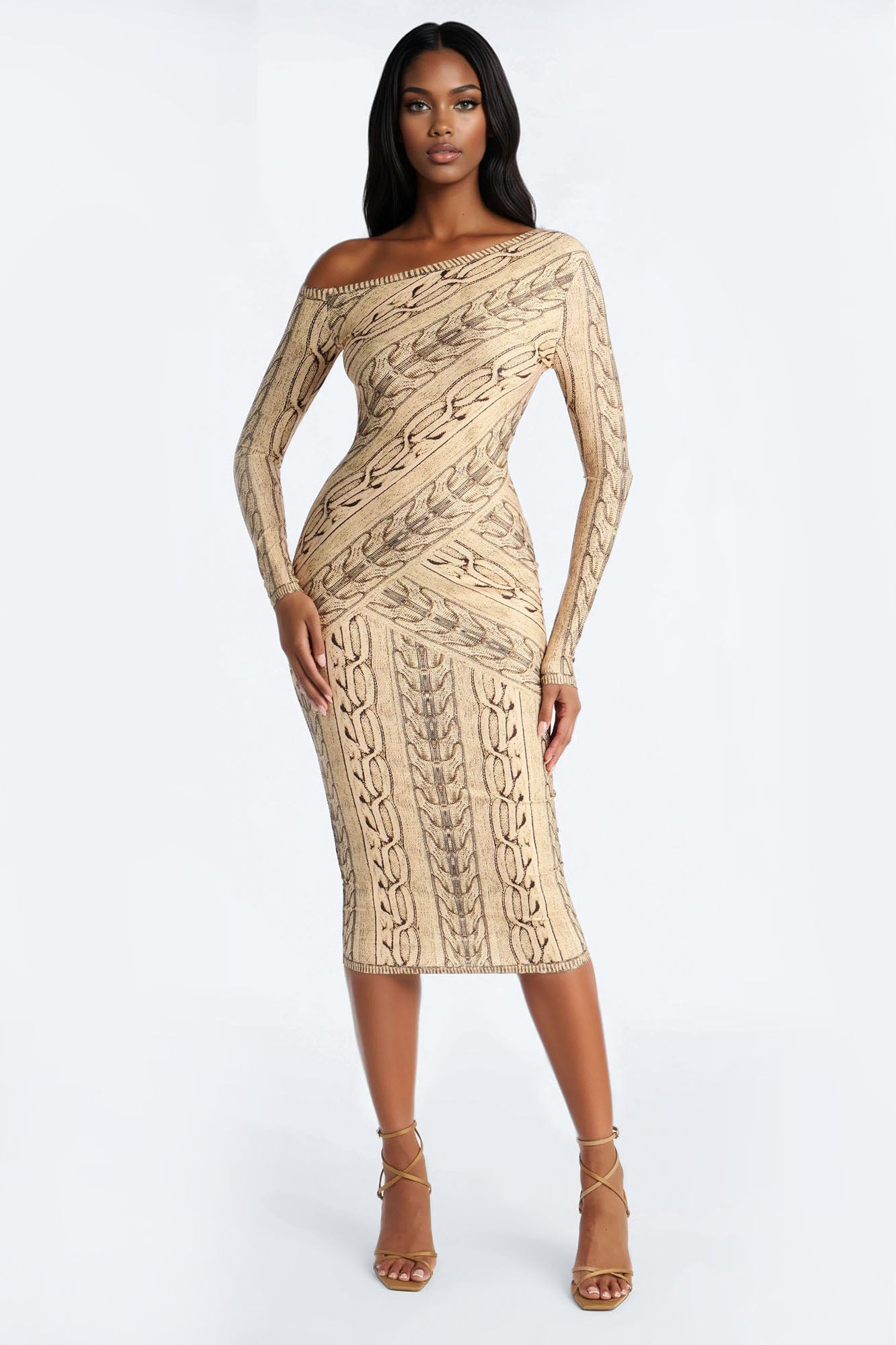 Chained Up One Shoulder Midi Dress - Taupe