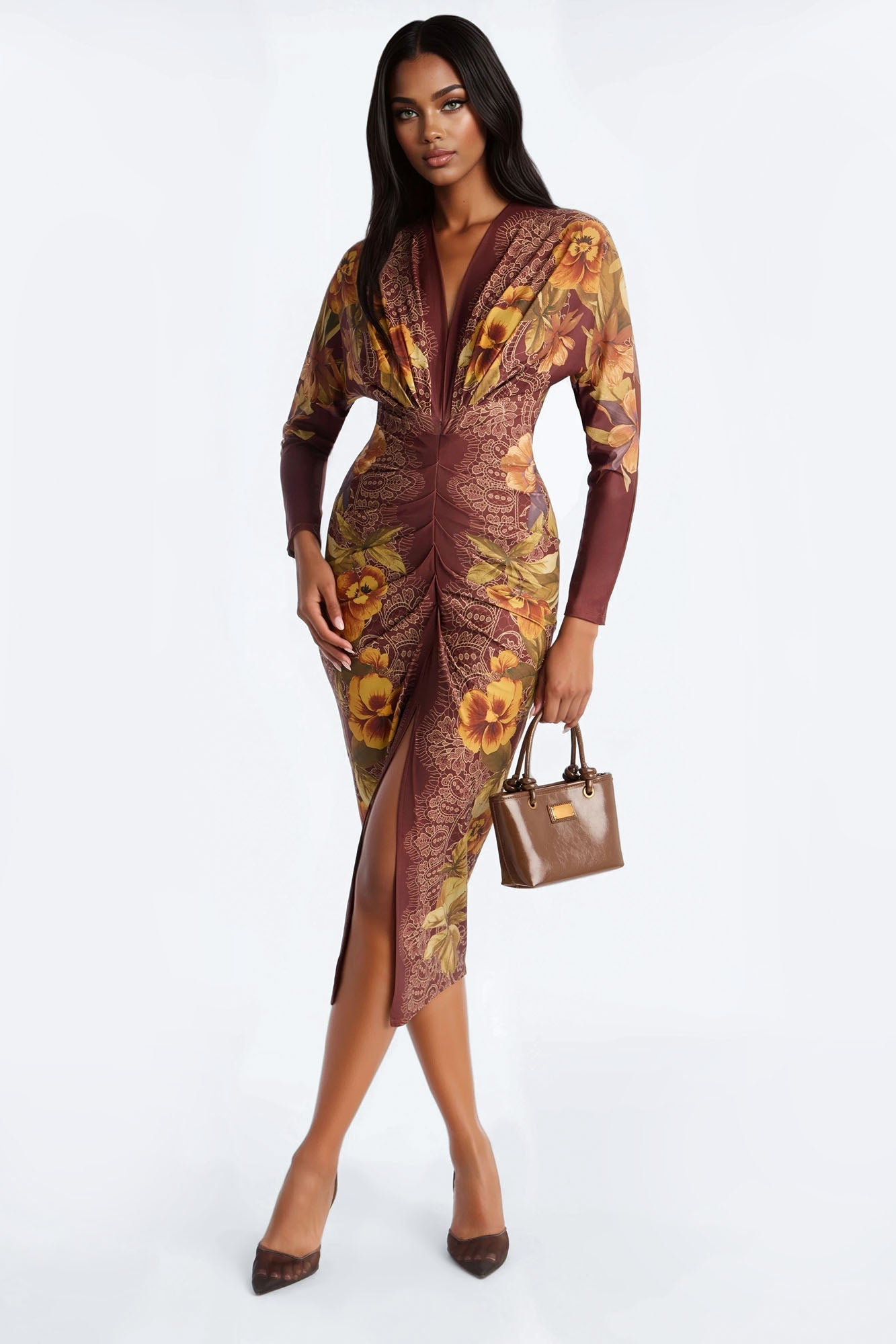 European Dreaming Long Sleeve Midi Dress - Brown/combo