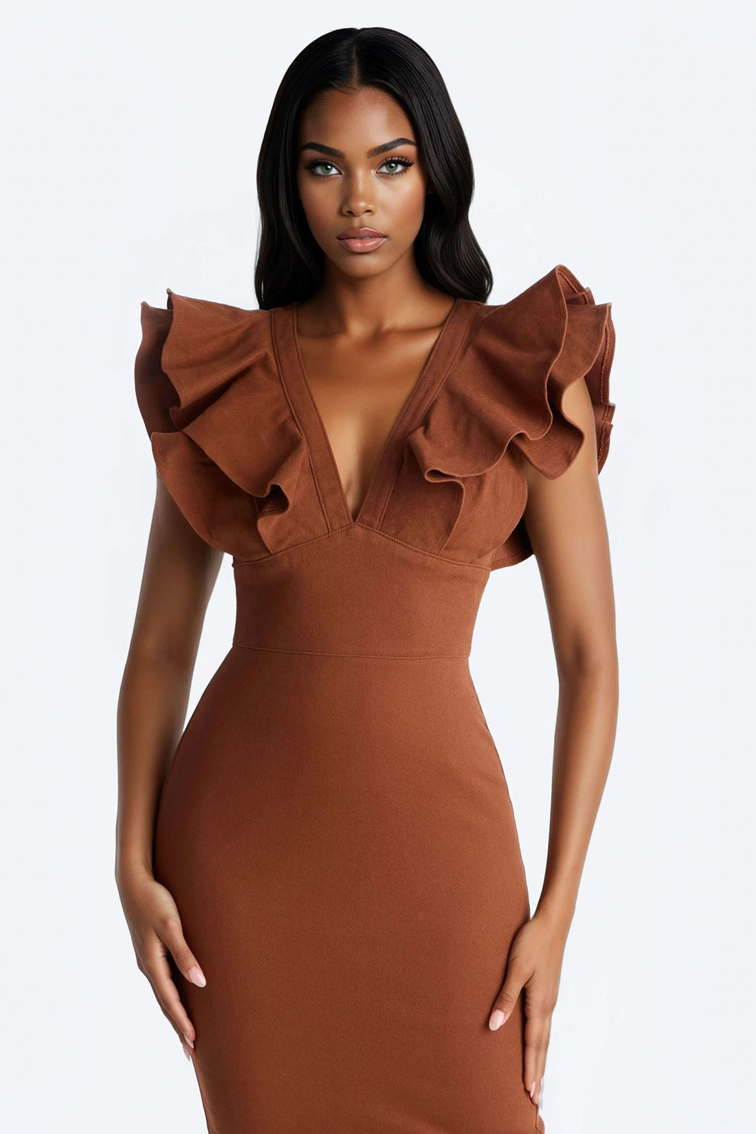 Carolyn Ruffle Denim Midi Dress - Mocha