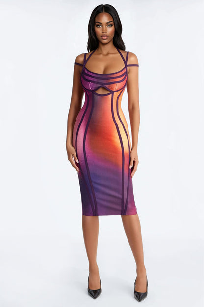 Zayna Tie Dye Bandage Midi Dress - Purple/combo