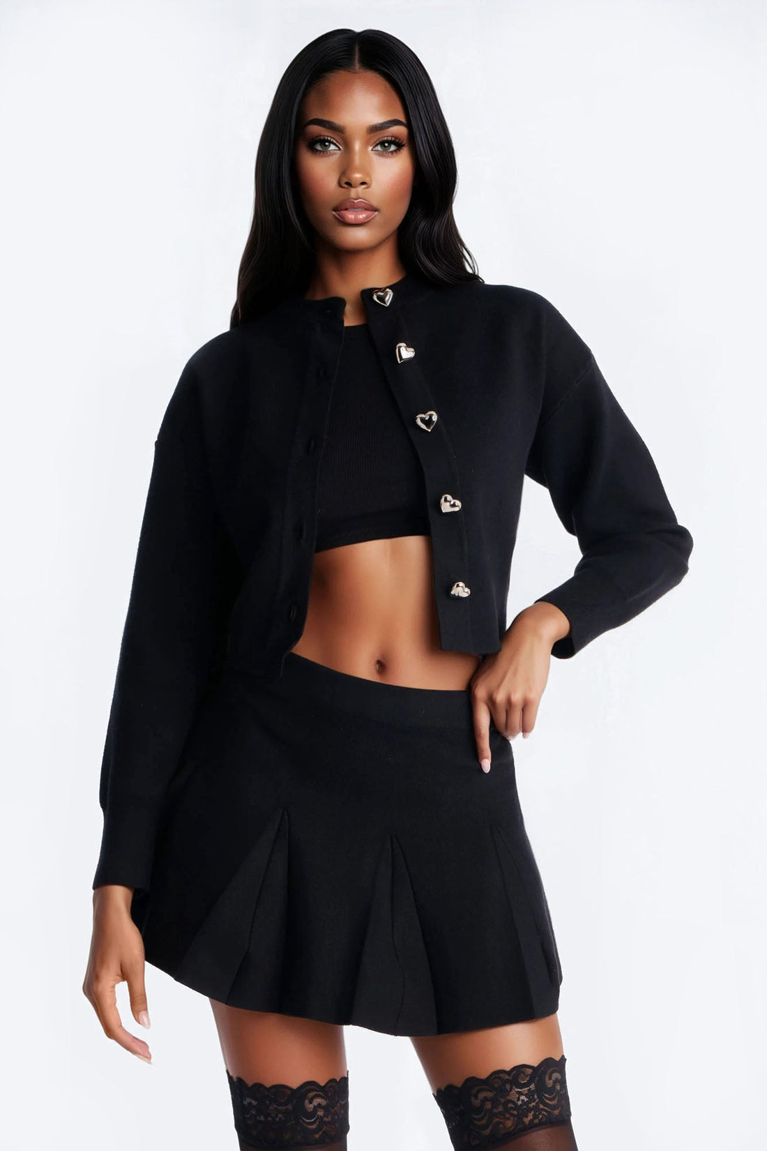Crush To Couple Pleated Skirt Set - Black