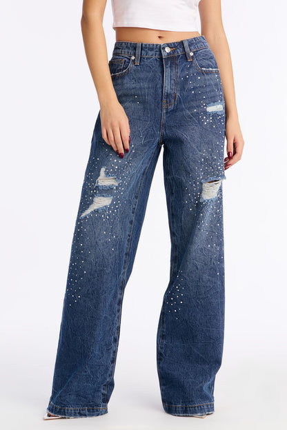 Dazzle Me Embellished Ripped Wide Leg Jeans - Dark Wash