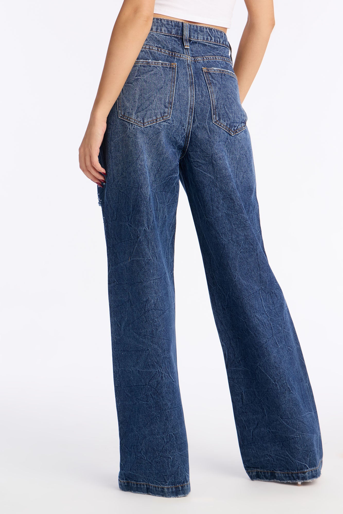 Dazzle Me Embellished Ripped Wide Leg Jeans - Dark Wash