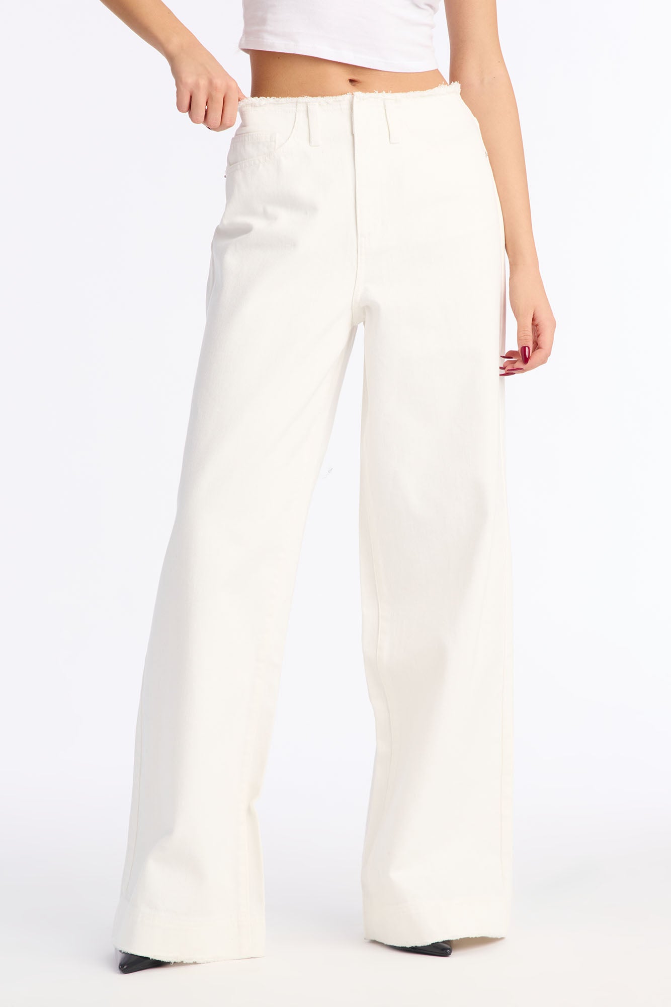 In Your Dreams Cut Off Waistband Baggy Jean - White
