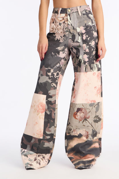 Floral Frenzy Printed Wide Leg Jeans - Multi Color