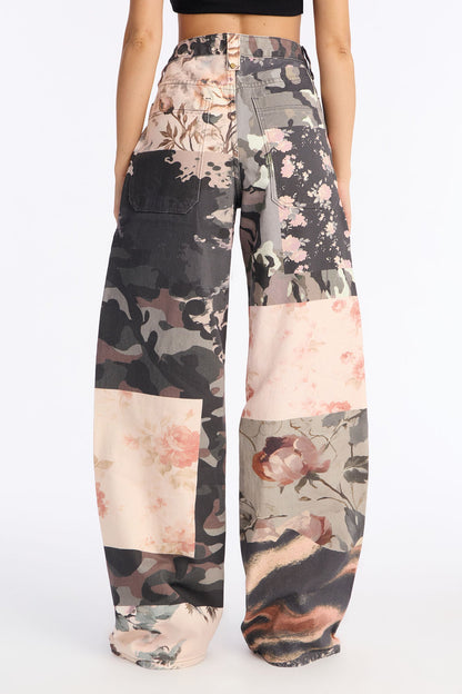 Floral Frenzy Printed Wide Leg Jeans - Multi Color