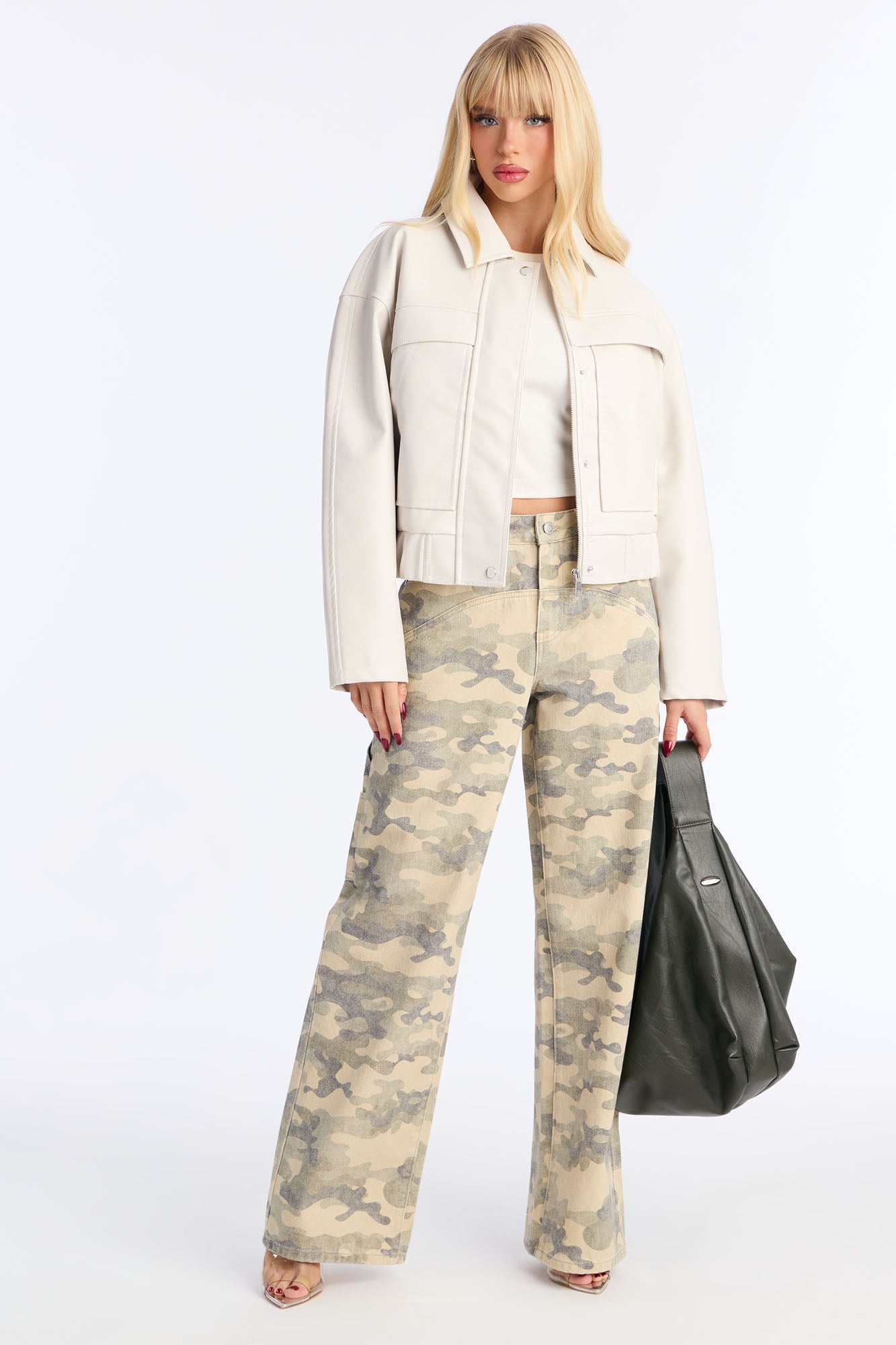 Maya Faux Leather Bomber Jacket - Bone