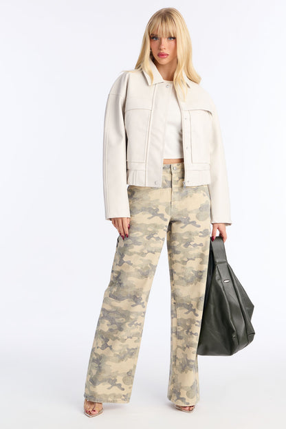 Maya Faux Leather Bomber Jacket - Bone