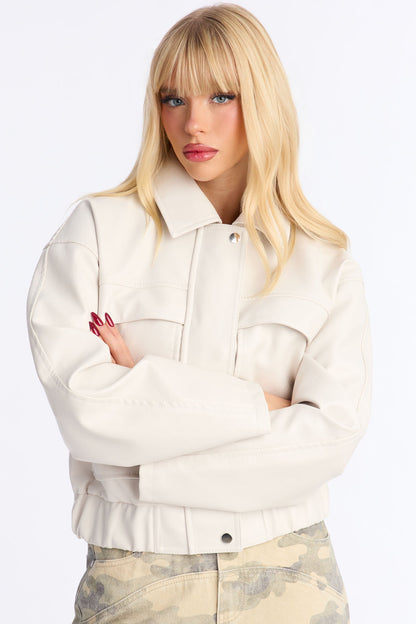 Maya Faux Leather Bomber Jacket - Bone