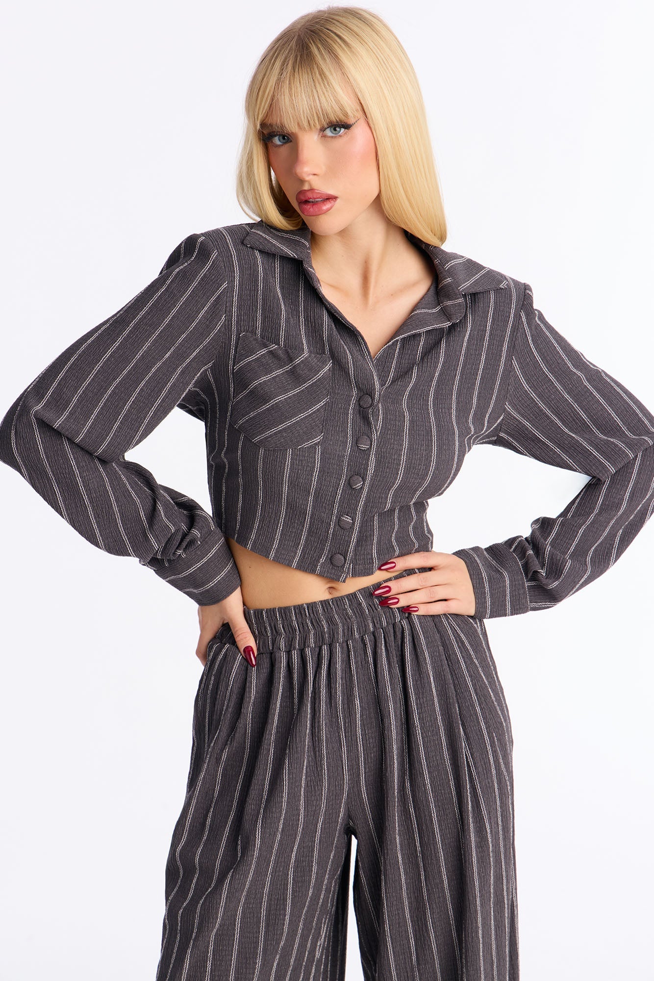 Set The Tone Textured Pinstripe Pant Set - Charcoal