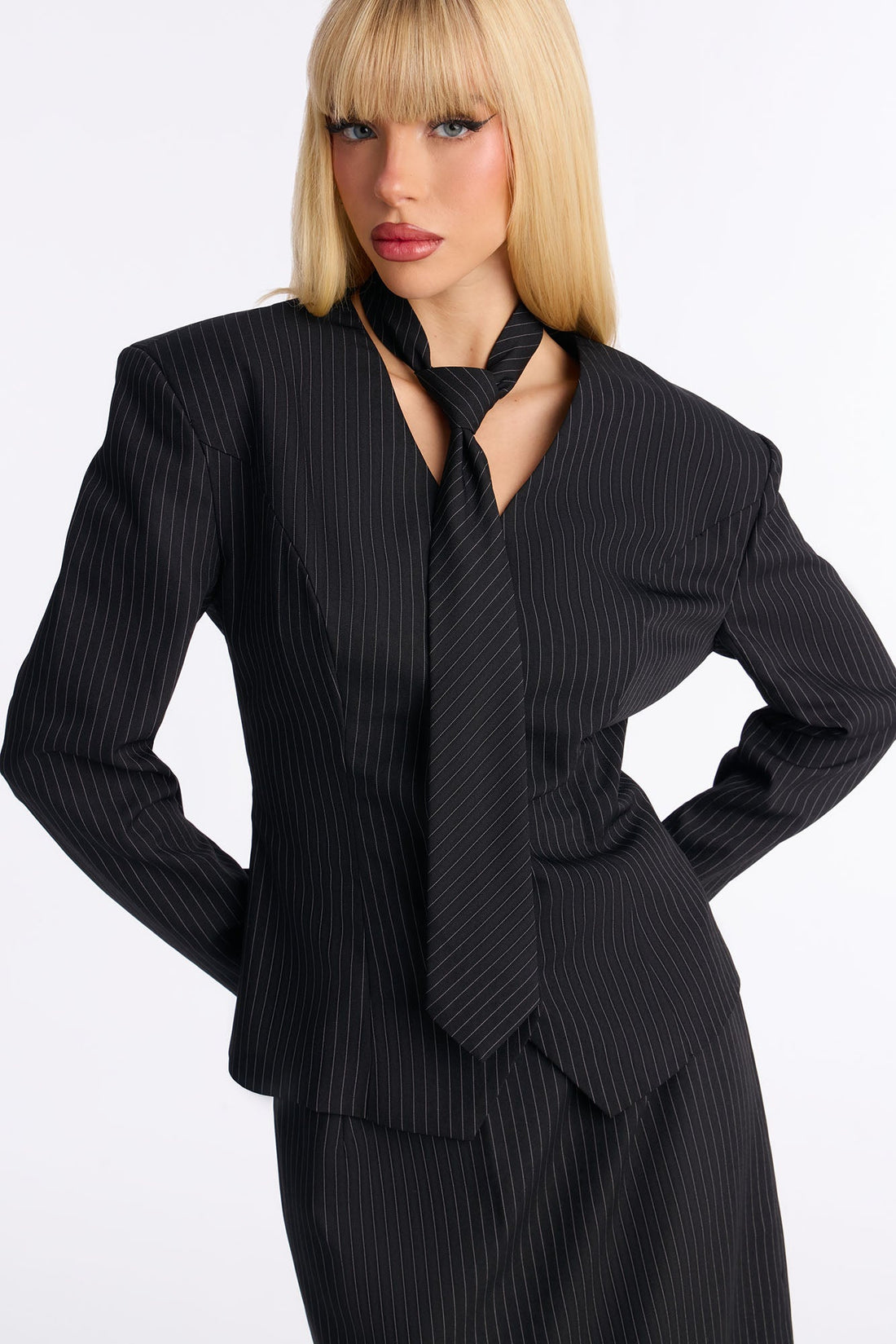 Sharp Words Blazer Necktie Maxi Skirt Set - Black
