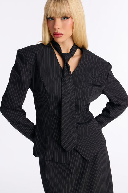 Sharp Words Blazer Necktie Maxi Skirt Set - Black