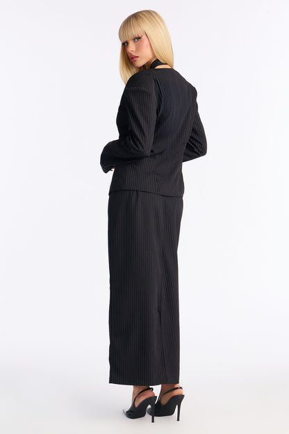 Sharp Words Blazer Necktie Maxi Skirt Set - Black