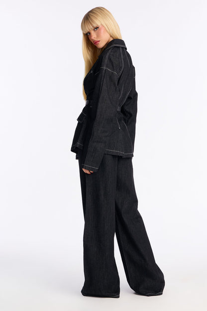 Power Stitched Belted Denim Pant Set - Dark Denim