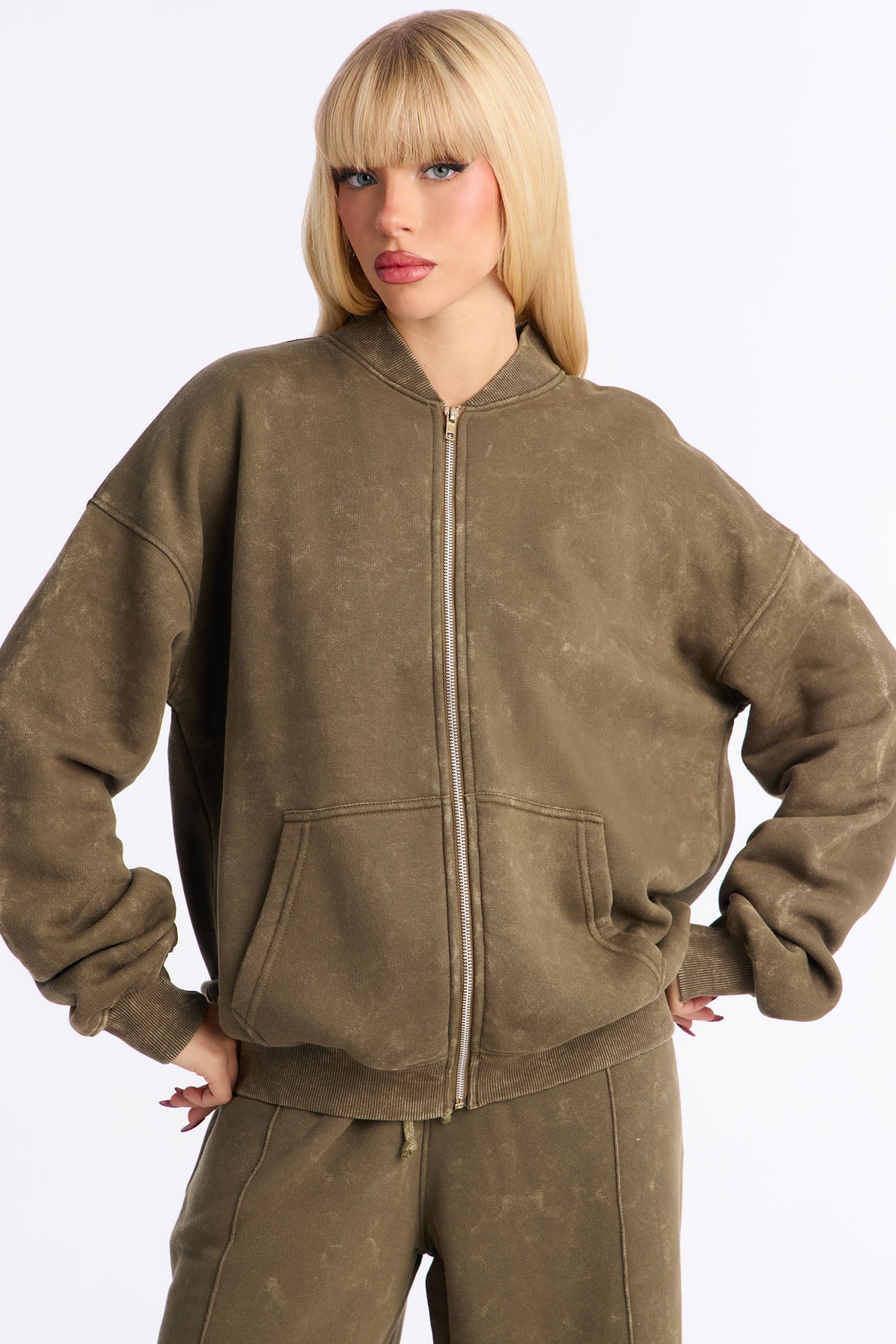 Ines Washed Fleece Lounge Jacket - Olive