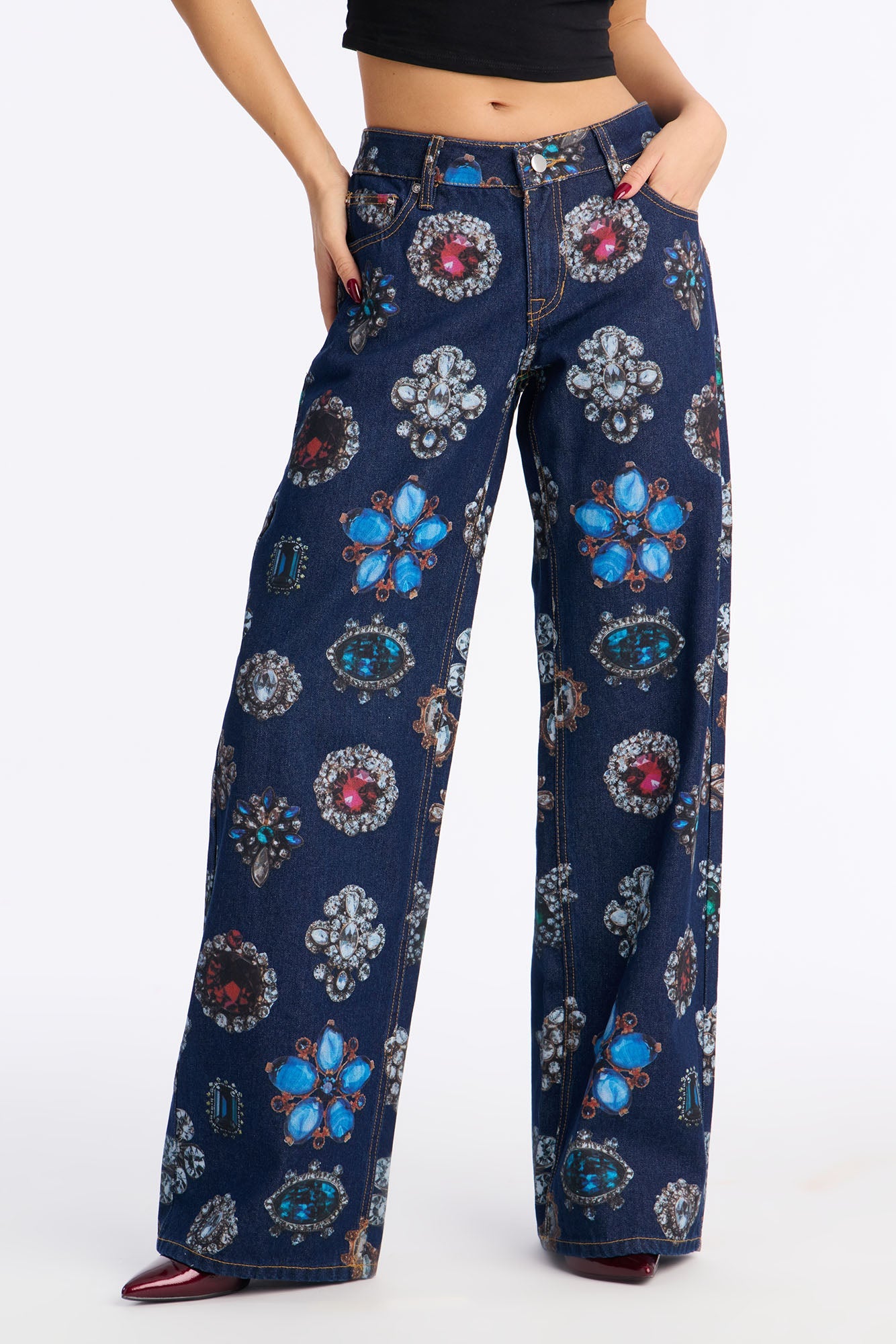 Treasure Chest Printed Wide Leg Jeans - Dark Wash