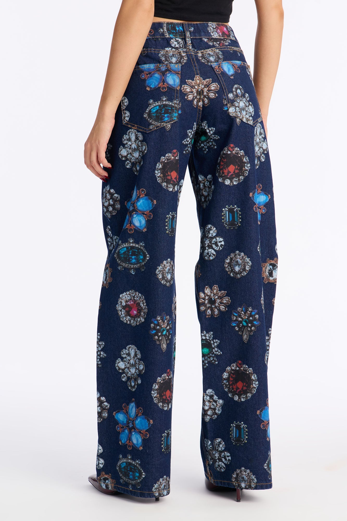Treasure Chest Printed Wide Leg Jeans - Dark Wash