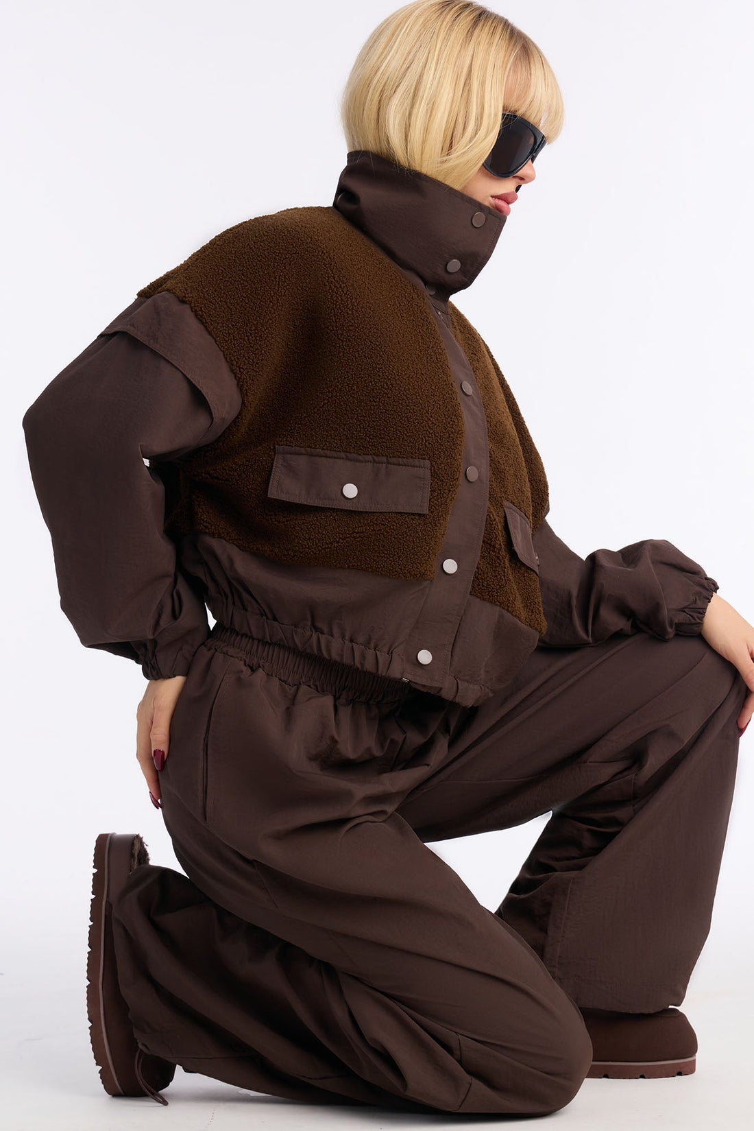 Lowkey Windbreaker Sherpa Pant Set - Chocolate