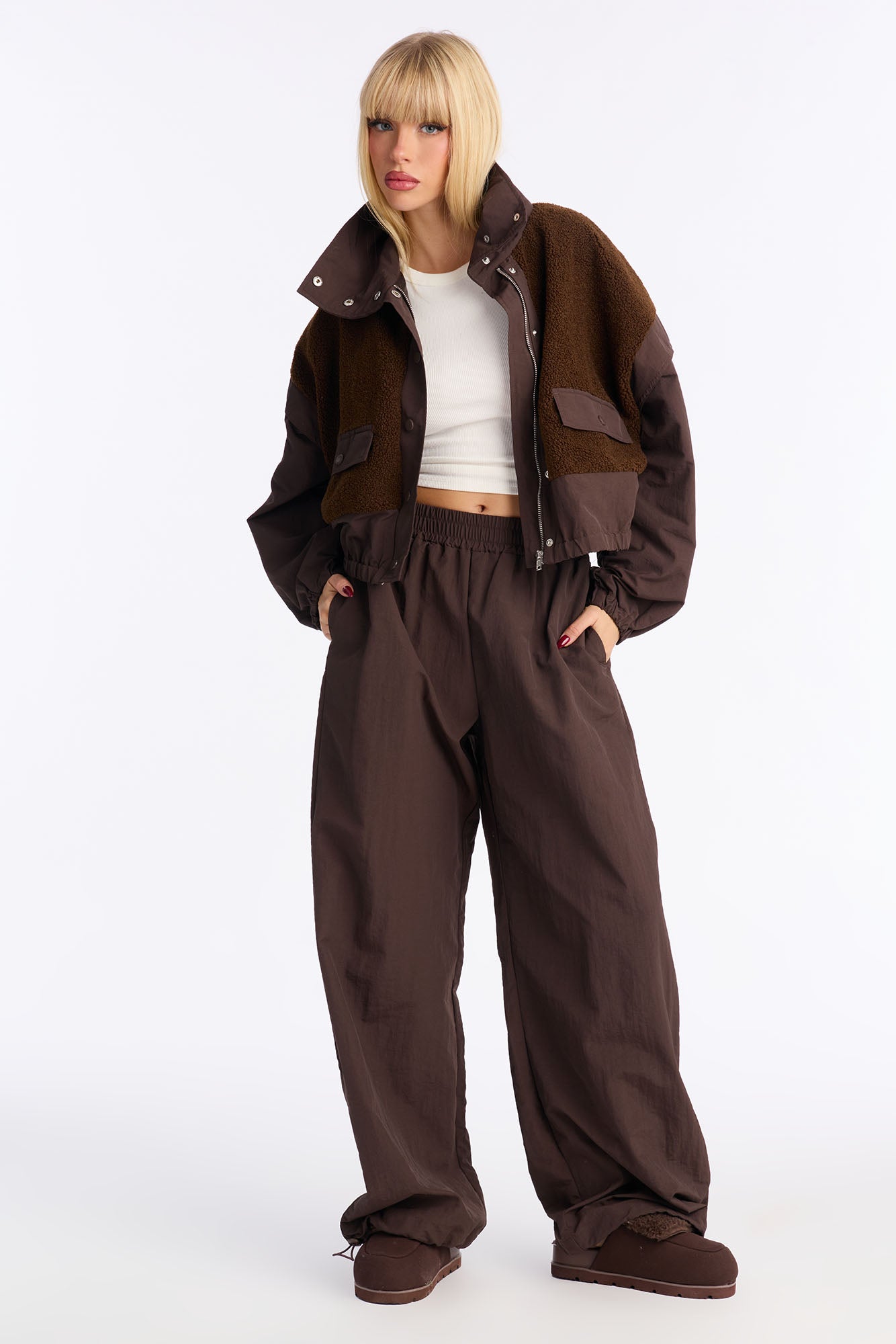 Lowkey Windbreaker Sherpa Pant Set - Chocolate