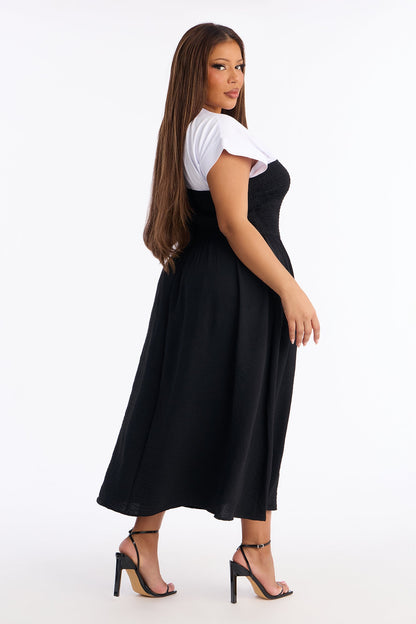 Elara Cinched Waist Midi Dress - Black/White