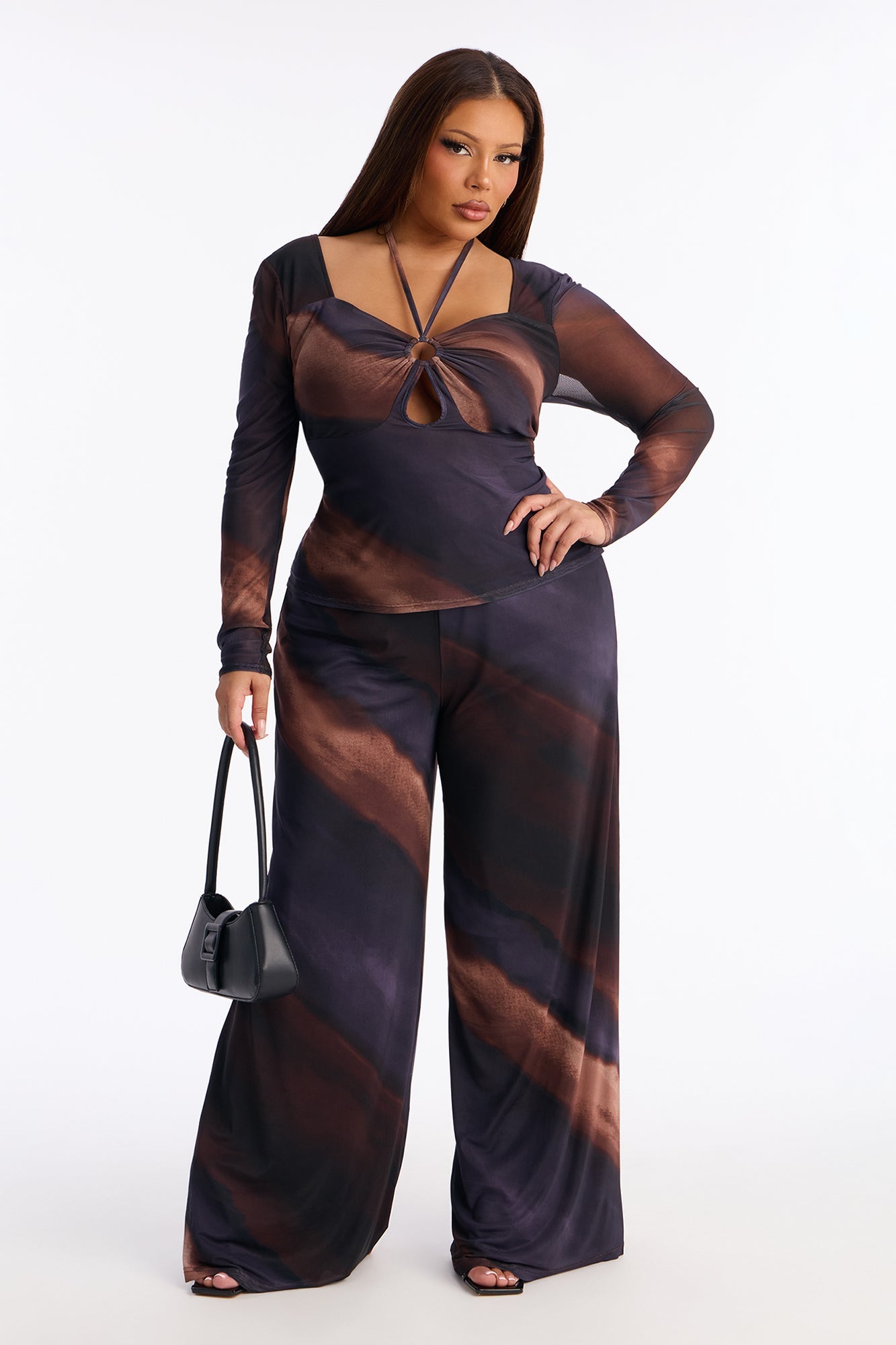 Liana Mesh Tie Neck Top And Wide Leg Pant Set - Brown/combo