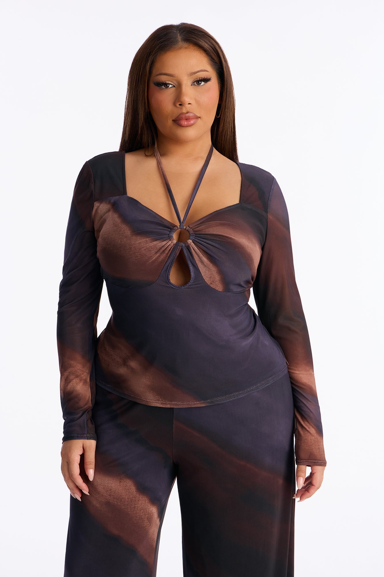 Liana Mesh Tie Neck Top And Wide Leg Pant Set - Brown/combo