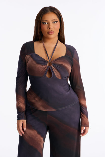 Liana Mesh Tie Neck Top And Wide Leg Pant Set - Brown/combo