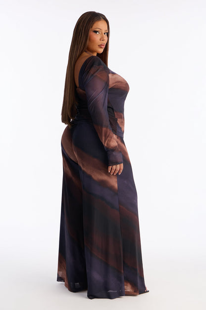 Liana Mesh Tie Neck Top And Wide Leg Pant Set - Brown/combo