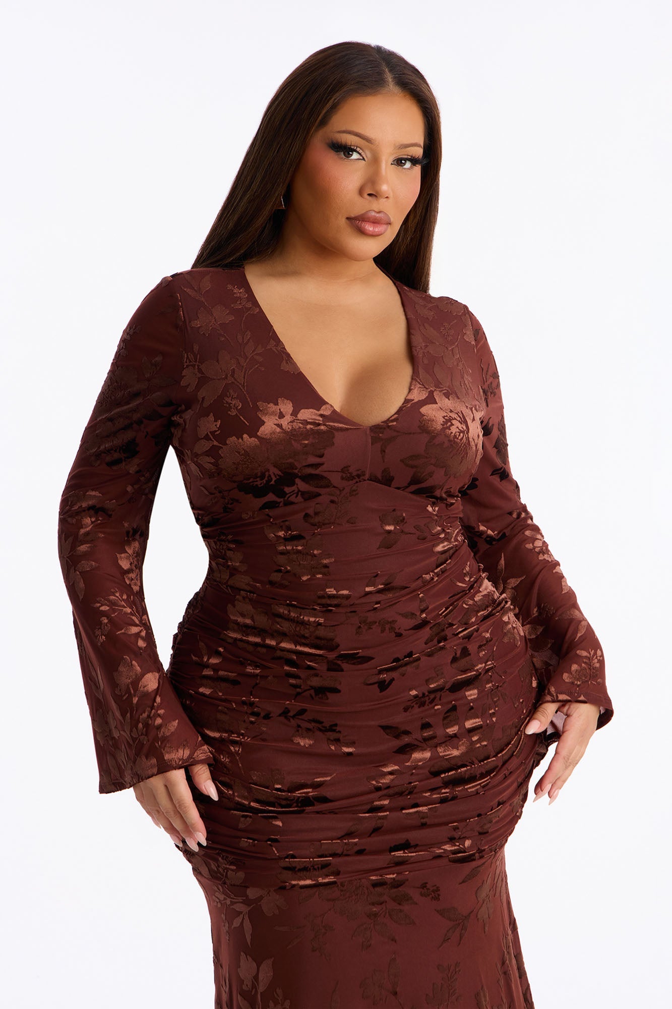 Eliana Flocked Mesh Midi Dress - Chocolate