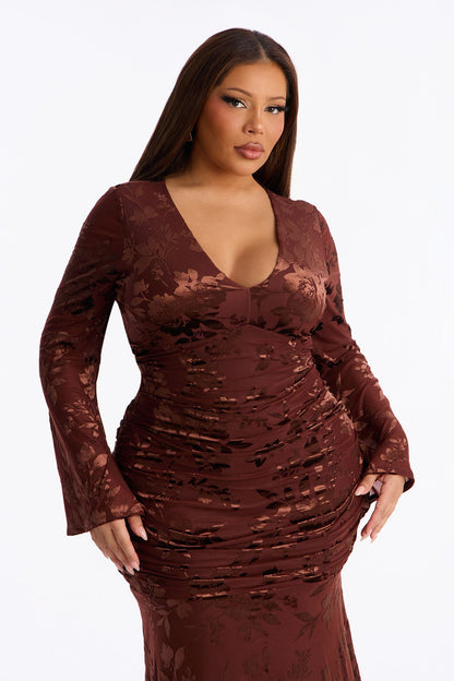 Eliana Flocked Mesh Midi Dress - Chocolate