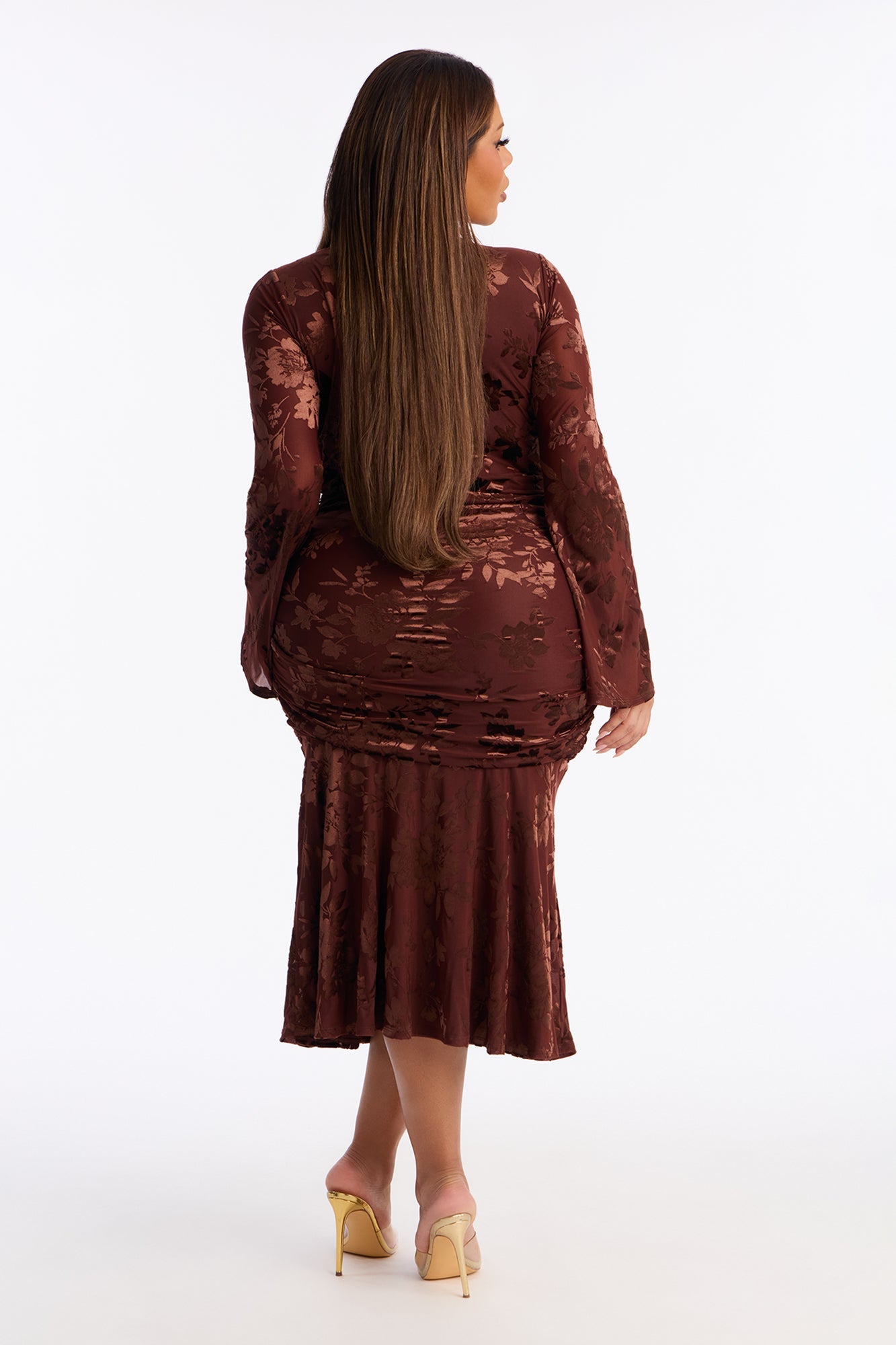 Eliana Flocked Mesh Midi Dress - Chocolate