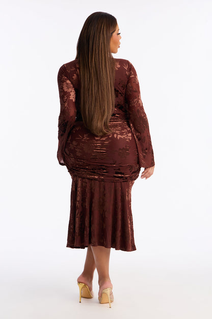 Eliana Flocked Mesh Midi Dress - Chocolate