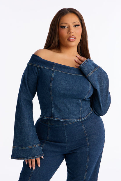 City Lights Off Shoulder Denim Flare Pant Set - Medium Wash
