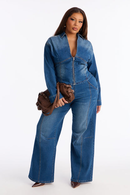 Kamaria Denim Pant Set - Medium Wash